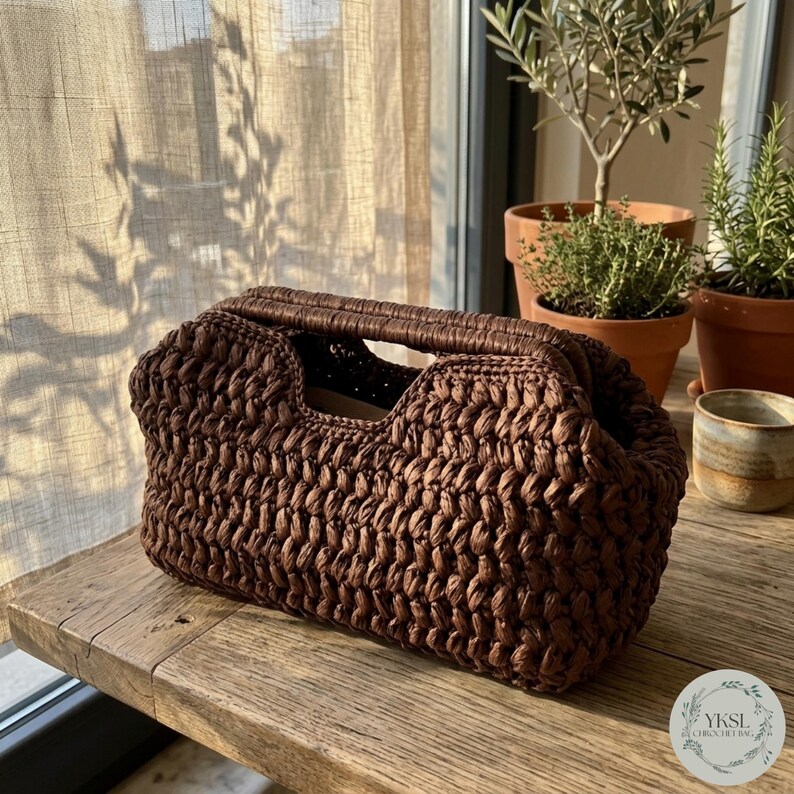May include: A brown woven handbag with a rectangular shape and a handle. The bag is made of a textured material and sits on a wooden surface. The bag has a unique design and is suitable for carrying essentials.