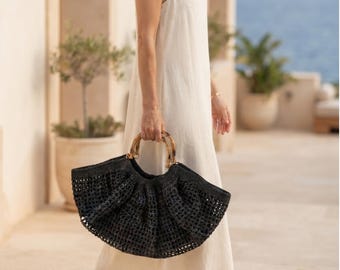 Black Raffia Crochet Bag with Bamboo Handle, Boho Beach Tote, Summer Resort Vacation Handbag