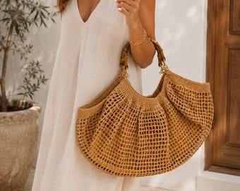 Straw Color  Handmade Raffia Crochet Bag with Bamboo Handles, Boho Summer Purse, Beach Tote, Vacation Handbag