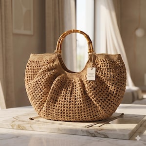 Gehäkelte Tasche aus Stroh und Bast, Handtasche mit Bambusgriff, Boho-Sommerhandtasche, Strandtasche