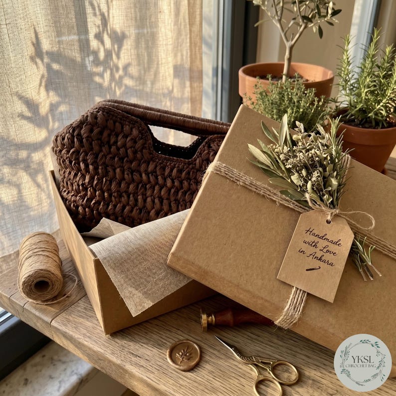 May include: A brown crocheted handbag is presented in a cardboard box, alongside a gift box tied with twine and decorated with dried foliage. A tag reads "Handmade with Love in Ankara."