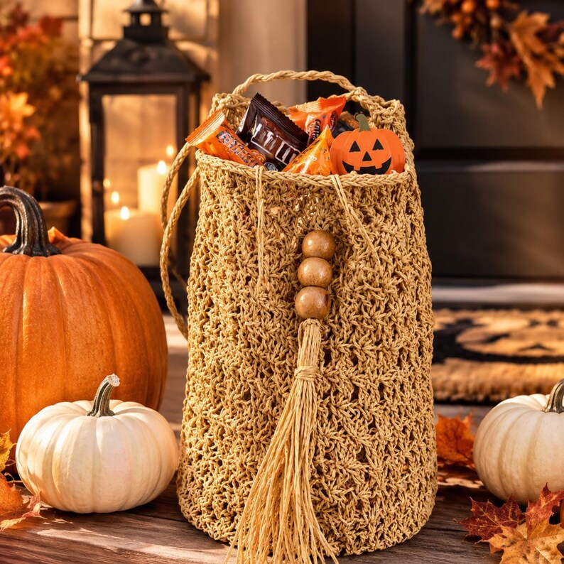 Handmade Straw Raffia Halloween Candy Bag, Boho Trick or Treat Bag With ...