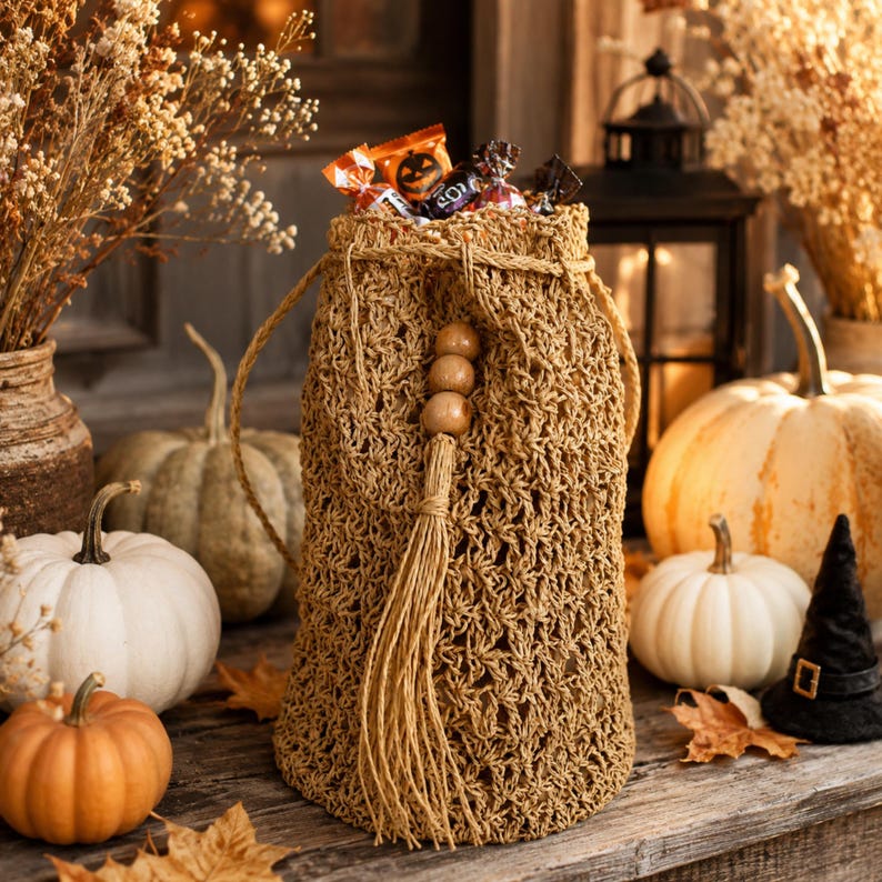 Handmade Straw Raffia Halloween Candy Bag, Boho Trick or Treat Bag With ...