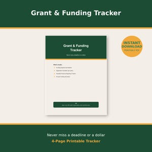 Può includere: Un documento PDF stampabile Grant & Funding Tracker con intestazione verde scuro e sfondo bianco. Elenca sezioni tra cui Funding Opportunity Pipeline, Application Checklist, Awarded Funds & Reporting Tracker e Annual Funding Summary.