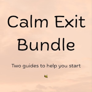 May include: A peach-colored background with the words "Calm Exit Bundle" in large black letters. Below, the text reads "Two guides to help you start." A small cartoon bee is at the bottom.