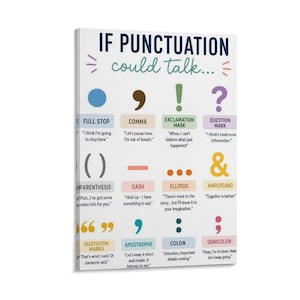 以下が含まれることがあります： IF PUNCTUATION could talk...というタイトルの白い教育用ウォールアートプリント。句点、コンマ、感嘆符、疑問符、括弧、ダッシュ、省略記号、アンパサンド、引用符、アポストロフィ、コロン、セミコロンを含む12個のカラフルな句読点が、それぞれの説明文と共に記載されています。