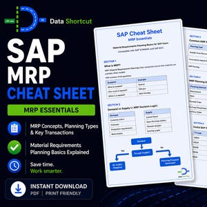 May include: A white SAP MRP cheat sheet document featuring sections on Material Requirements Planning basics, demand versus supply logic, common planning types, and useful SAP transactions with tables and a decision flow chart in blue and black text.
