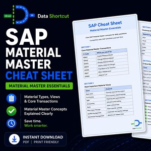 May include: A digital SAP Material Master Cheat Sheet, featuring a blue and white design. The document includes sections on material types, views, and core transactions, with the text "Material Master Essentials" and "Instant Download PDF".