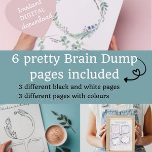 Op de afbeelding: Digitale download van zes brain dump pagina's, waaronder drie zwart-wit en drie kleurenpagina's. De afbeelding toont een hartvormige afbeelding met de tekst "Instant DIGITAL download". Het product is ontworpen voor journaling en planning.