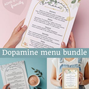 Puede incluir: Un paquete de "Menú Dopamina", que presenta un menú imprimible con sugerencias de actividades de autocuidado. El menú está decorado con detalles florales e incluye secciones para entrantes, platos principales, postres, especiales y guarniciones. También es visible el texto "ADHD & AuDHD friendly".