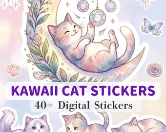 Kawaii Cat Digital Stickers for GoodNotes, Cute Pastel Planner Stickers Pack, iPad Stickers, Aesthetic Journaling Stickers, Instant Download