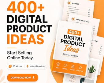 Paquete de ideas para productos digitales / Más de 400 ideas en 20 nichos / Empieza a vender online hoy mismo / Descarga instantánea en PDF