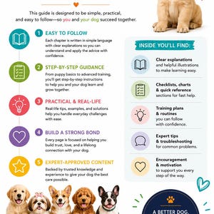 May include: An illustrated guide titled "HOW THIS BOOK WORKS" with a golden retriever puppy. The guide promises easy-to-follow instructions, step-by-step guidance, and expert-approved content for dog training and bonding.