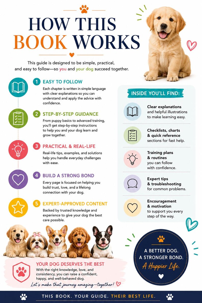 May include: An illustrated guide titled "HOW THIS BOOK WORKS" with a golden retriever puppy. The guide promises easy-to-follow instructions, step-by-step guidance, and expert-approved content for dog training and bonding.