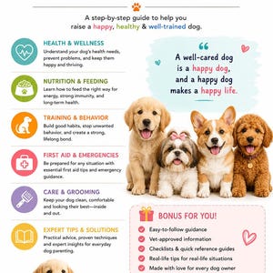 May include: A colorful graphic with the text "WHAT YOU'LL LEARN INSIDE" and images of puppies. The guide covers health, nutrition, training, first aid, grooming, and expert tips. Includes the text "Better care. Stronger bond. Happier life. Together."