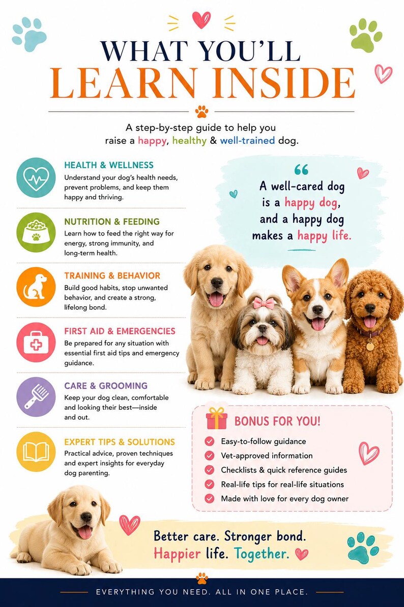 May include: A colorful graphic with the text "WHAT YOU'LL LEARN INSIDE" and images of puppies. The guide covers health, nutrition, training, first aid, grooming, and expert tips. Includes the text "Better care. Stronger bond. Happier life. Together."