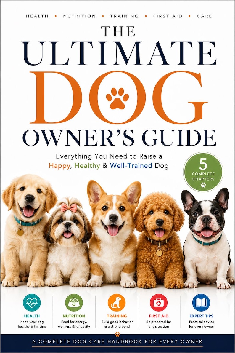 May include: The Ultimate Dog Owner's Guide book cover featuring five happy dogs. The title is in large orange letters with a paw print. The book promises to help raise a happy, healthy, and well-trained dog. Icons for health, nutrition, training, first aid, and expert tips are included.