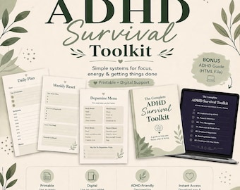 ADHD Survival Toolkit Printable, ADHD Planner PDF, Focus & Productivity Worksheets, Dopamine Menu, Weekly Reset, Digital Download