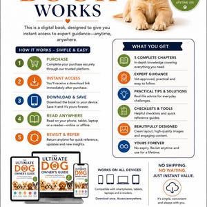 May include: Digital guide titled "How This Book Works" with a golden retriever puppy. The guide offers instant access to expert advice, with sections on purchase, download, and reading. Includes information on what you get, such as chapters and expert guidance.