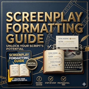 Op de afbeelding: Een donkerblauwe afbeelding met gouden tekst die luidt "SCREENPLAY FORMATTING GUIDE". Een open boek en een tablet tonen dezelfde titel. Een vintage typemachine en een veer zijn ook te zien. De tekst "UNLOCK YOUR SCRIPT'S POTENTIAL" is ook zichtbaar.