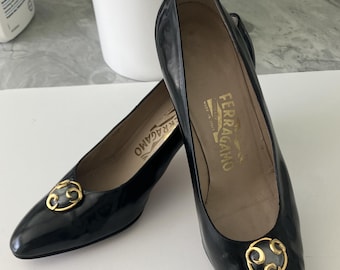 Vintage Salvatore Ferragamo Black Calf Leather Heels • Gold Ornament • Made Italy • Size 10B • 1990s