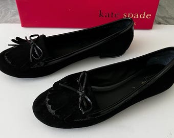 Kate Spade Shane 2 Black Suede Loafers • Patent Bow Kiltie Flats • Women’s 10M