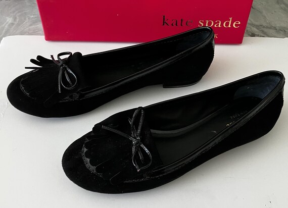 Kate Spade Shane 2 Black Suede Loafers • Patent Bow Kiltie Flats • Women’s 10M