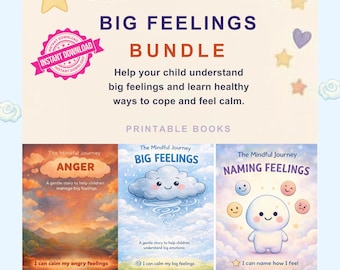 Può includere: Un pacchetto di libri stampabili della serie "The Mindful Journey", incentrato sulle emozioni dei bambini. Il "Big Feelings Bundle" include titoli su rabbia, grandi sentimenti e denominazione dei sentimenti, con illustrazioni e testo.