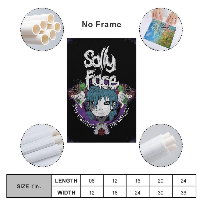 May include: A black canvas print featuring the text "Sally Face" above an illustration of a character with blue hair and a prosthetic face. The words "Keep Fighting The Darkness" are printed around the character.