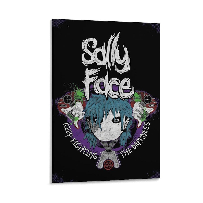 May include: Black canvas art print featuring the words "Sally Face" in white, above a cartoon character with blue hair and a prosthetic face. The phrase "Keep Fighting The Darkness" is printed below the character.