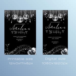 May include: Black and silver birthday party invitation with disco ball accents. The invitation reads "Join us to celebrate Amelia's 18th birthday" with event details. Available in printable and digital sizes.