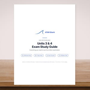 May include: A white study guide titled "Units 3 & 4 Exam Study Guide" with the ATAR Shark logo. The guide includes the text "Everything you need to ace the written examination."