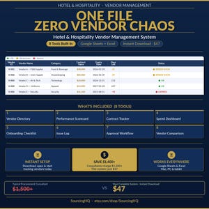 Plantilla de Excel para la gestión de proveedores, sistema de compras y abastecimiento, cuadro de mando de proveedores, seguimiento de contratos, adaptable al sector de la hostelería y la industria.