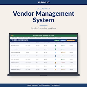 Peut inclure: Capture d'écran d'un ordinateur portable affichant un modèle Excel de système de gestion des fournisseurs. L'écran montre une base de données principale des fournisseurs avec des colonnes pour le fournisseur, la catégorie, la région, les dépenses annuelles, le niveau, le statut et les dates de renouvellement.