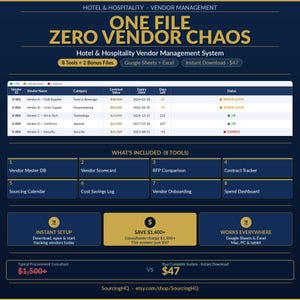 May include: A digital hotel and hospitality vendor management system featuring a vendor tracking table with columns for ID, name, category, contract value, expiry date, days left, and status. Includes eight tools like a master database and dashboard.
