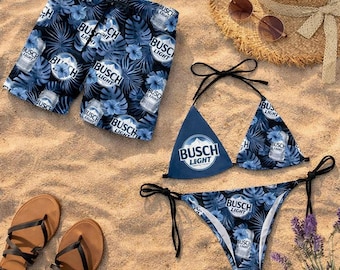 Busch Tropical Forest Matching Couple Swimsuit Set, Beer Lover Bikini forWomen &Men Swim Trunks,Hawaiian Beach Outfit Funny Summer Honeymoon