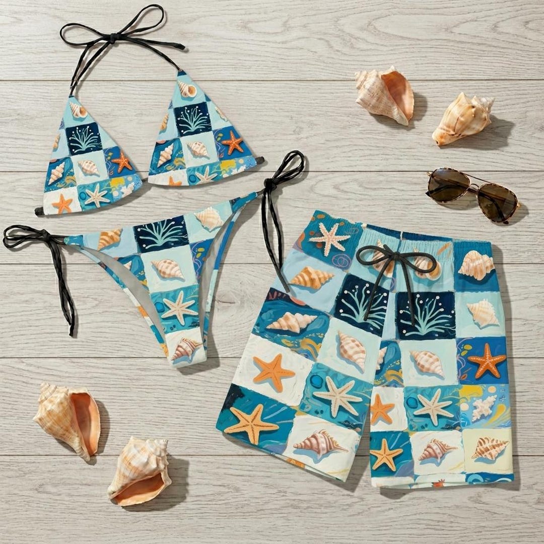 Seashell Starfish Bikini Set With Men's Swim Trunks Matching Couple ...