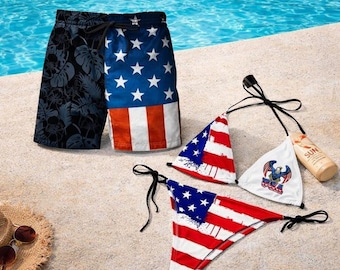 Conjunto de traje de baño a juego para parejas con la bandera estadounidense, bikini con águila y bañador para hombre, regalo ideal para la playa el 4 de julio.