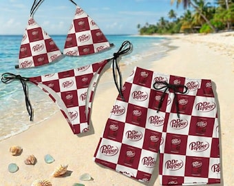 Dr Pepper Bikini und Strand Shorts Set, Spaß Sommer Badeanzug für Paare, Bold Logo Print, Urlaubs Bademode Geschenk