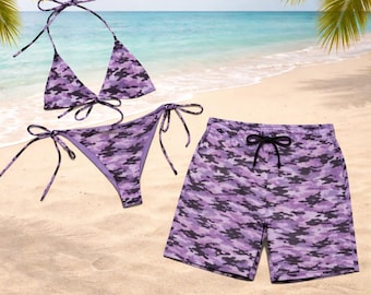 Lavender Camo Matching Couples Swimwear Set, String Bikini and Men’s Swim Shorts, Beach Vacation His and Hers Swimsuit