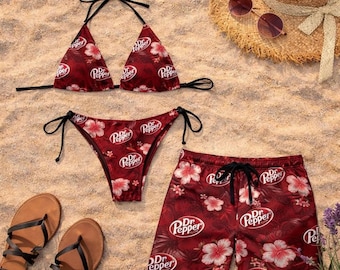 Conjunto de bikini Dr Pepper rojo floral y bañador a juego, traje de baño para parejas, bañador tropical de hibisco, regalo de verano para ella y para él.