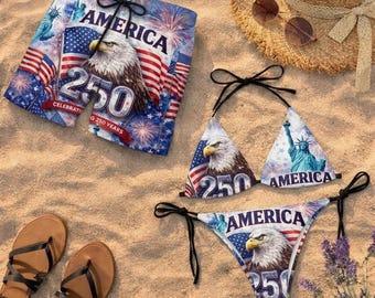 Conjunto de trajes de baño a juego para parejas por el 250 aniversario de Estados Unidos, bikini patriótico para mujer y pantalones cortos para hombre, águila y estatua de la libertad, 4 de julio.