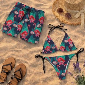 Dr. Pepper Flamingo Print Bikini Set & Men's Beach Shorts, Fun Tropical Couples Swimwear, Summer Vacation Beachwear, Playful Tropical Outfit