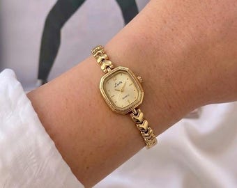 Gold Rectangular Watch Gold Dial Black Leather Strap Quartz