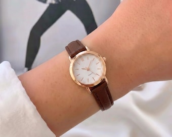 Rose Gold Round Watch Brown Leather Strap Quartz