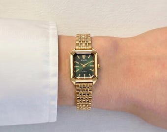 Rectangle Gold green Bracelet Watch Women Elegant Small Luxury Dial