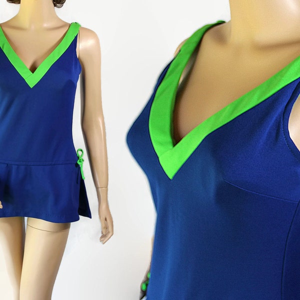 Roxanne Swimsuit, Mod, Skirted, Blue Lime Green, Maillot, Bullet Bra, Beach, Resort Wear, Pin Up