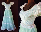 70s Does 50s Nadine Prom Vintage Wedding Dress Tulle Blue Lace Southern Belle Costume