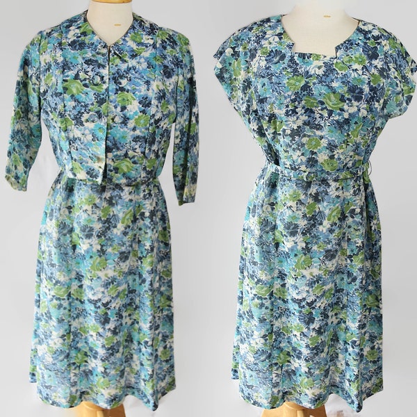 50s Plus Size Dress Watercolor Floral Bolero Jacket Wiggle Dress Joan Mad Men