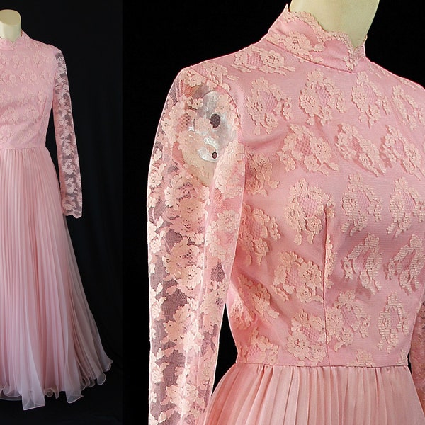 70s Prom Dress, Barbie Pink, Pleated Chiffon, Pink Lace, Pink Bridesmaid, Wedding, Bridal, Barbiecore